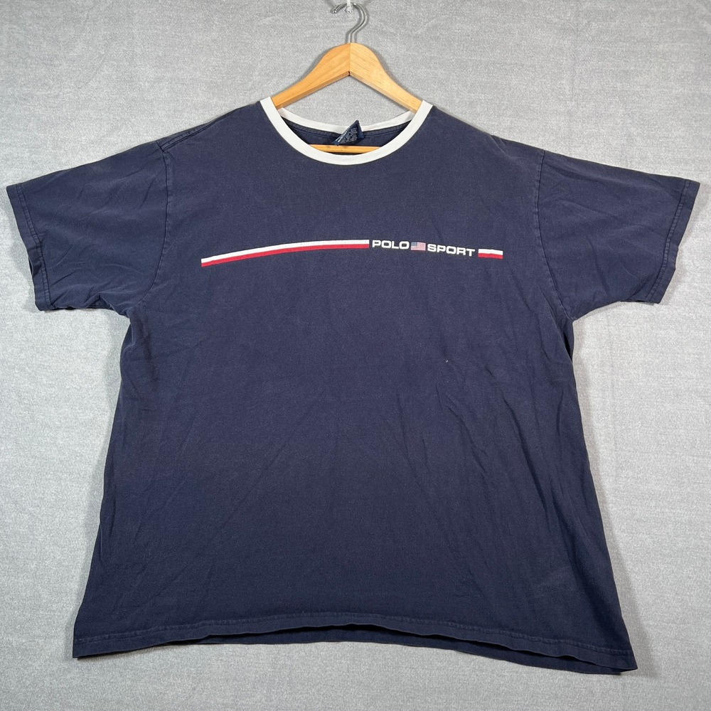 Polo Sport Ralph Lauren Graphic Ringer Crew Neck T-Shirt Mens L Navy Blue Cotton